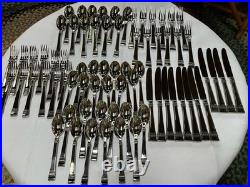 12 Sets Oneida Cadence 18/10 Stainless Flatware Wooden Tray Servers 77 Pieces