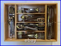 12 Sets Oneida Cadence 18/10 Stainless Flatware Wooden Tray Servers 77 Pieces