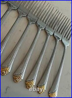 34 PC Oneida Community Stainless Gold Golden Accent Fantasy Rose Flatware