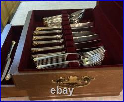 45 Pc Vtg Oneida Cube Golden Damask Rose 9 Settings Stainless Flatware Wood box