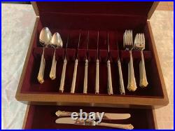 45 Pc Vtg Oneida Cube Golden Damask Rose 9 Settings Stainless Flatware Wood box