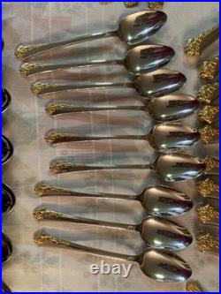 45 Pc Vtg Oneida Cube Golden Damask Rose 9 Settings Stainless Flatware Wood box