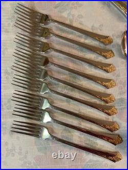 45 Pc Vtg Oneida Cube Golden Damask Rose 9 Settings Stainless Flatware Wood box
