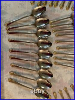 45 Pc Vtg Oneida Cube Golden Damask Rose 9 Settings Stainless Flatware Wood box