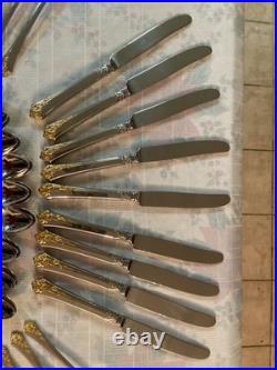 45 Pc Vtg Oneida Cube Golden Damask Rose 9 Settings Stainless Flatware Wood box