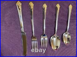 45 Pc Vtg Oneida Cube Golden Damask Rose 9 Settings Stainless Flatware Wood box