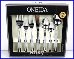 45 Pieces- Oneida SATIN LINCOLN Flatware Silverware -18/0 STAINLESS +HOSTESS Set