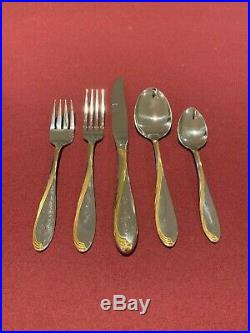 46 Piece Oneida GOLDEN CAMBER Stainless Gold Accent Glossy Silverware 8 Settings