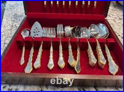 55 Pcs Oneida Community Stainless Golden Royal Flatware Set with Wood Chest