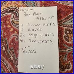 96 Pcs Oneida Stainless Flatware Park Place withFlower Spoons, Forks, Knives