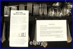 Golden Clarette 64 piece Set Service for 12 Oneida Stainless Flatware Never Used