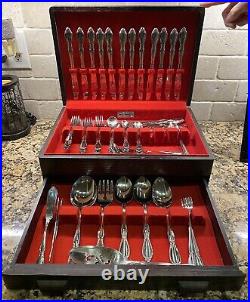 Huge 77 PC Lot Oneida Community Chatelaine Stainless Flatware & Solid Wood Box
