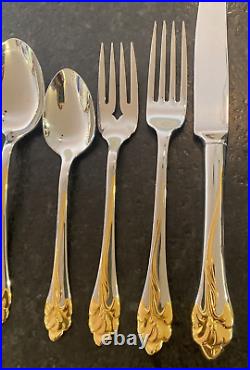 Oneida 72 Pcs. Golden Amaryllis Gold/Silver Stainless USA Flatware 12 Settings