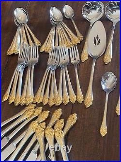 Oneida 72 Pcs. Golden Amaryllis Gold/Silver Stainless USA Flatware 12 Settings