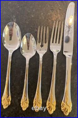 Oneida 72 Pcs. Golden Amaryllis Gold/Silver Stainless USA Flatware 12 Settings