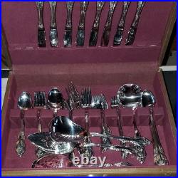 Oneida Community 81pc Stainless Flatware Set, Service for 8, Floral Wood Case