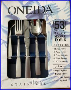 Oneida Stainless SATIN ACCENT 53 Piece Service for 8 Unused 18/8 Flatware USA