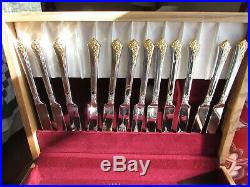 Unused Golden Damask Rose Pattern 12 Place Sets 67 Pcs By Oneida Stainless & Box