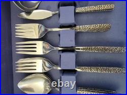 VTG SSS Oneida Montage Stainless Flatware Floral Black Embossed 79 Piece Set