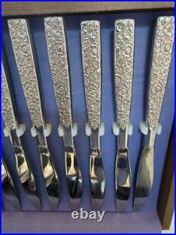 VTG SSS Oneida Montage Stainless Flatware Floral Black Embossed 79 Piece Set